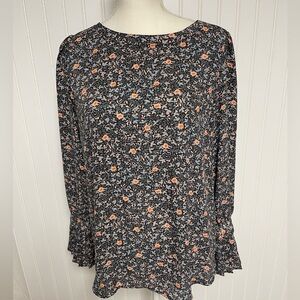 LOFT Floral Blue Peach Long Sleeve Blouse Women’s Medium